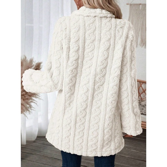 minimalist Double Breasted Lapel collar ribbed knit teddy Coat - Picture 4 of 11